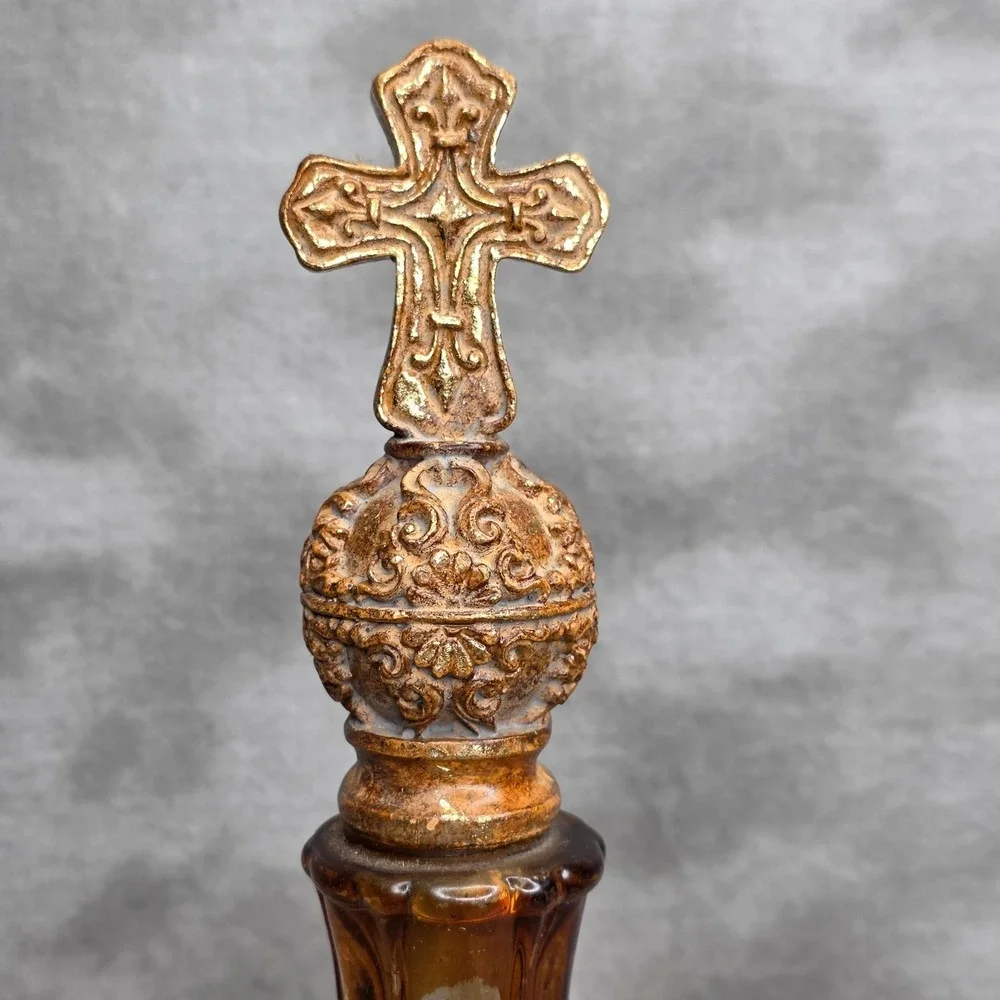 Amber Glass & Gold Flake Wood Cross Decorative Decor Bookshelf Antique 13.25